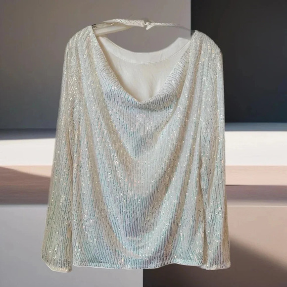NWT Women’s Sequined Long Sleeve Scoop Neck Blouse - Picture 5 of 8